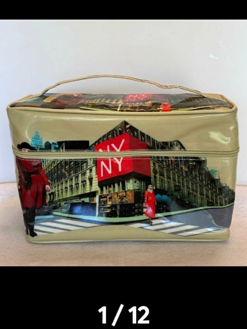 NY City-Print Cosmetic Train Case - Beige with Red Accent